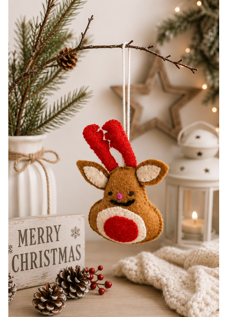 Handmade Reindeer Wool Felt Hanging Ornament – Cute Christmas Reindeer Felt Decoration for Christmas Tree