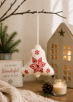 Handmade Christmas Bell Wool Felt Hanging Ornament – Embroidered Felt Bell Decoration for Christmas Tree & Holiday Home Décor