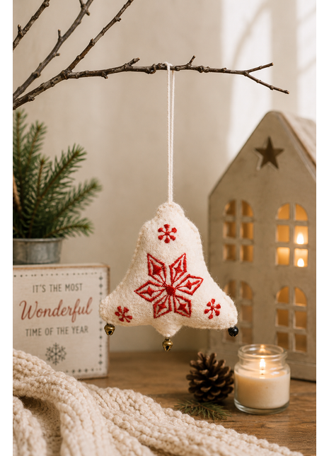 Handmade Christmas Bell Wool Felt Hanging Ornament – Embroidered Felt Bell Decoration for Christmas Tree & Holiday Home Décor