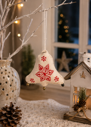 Handmade Christmas Bell Wool Felt Hanging Ornament – Embroidered Felt Bell Decoration for Christmas Tree & Holiday Home Décor