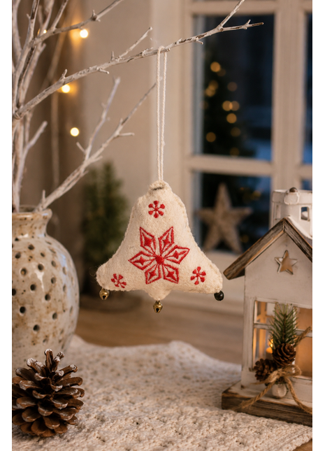 Handmade Christmas Bell Wool Felt Hanging Ornament – Embroidered Felt Bell Decoration for Christmas Tree & Holiday Home Décor