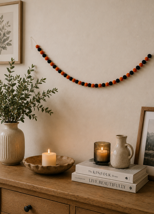 Handmade Wool Felt Halloween Ball Garland – Orange & Black Pom Pom Hanging Banner