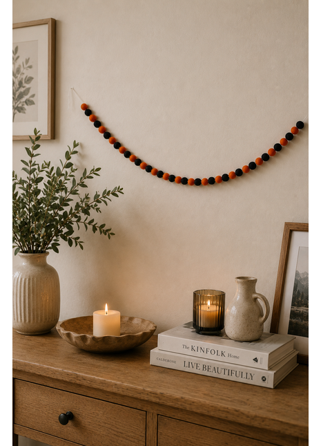 Handmade Wool Felt Halloween Ball Garland – Orange & Black Pom Pom Hanging Banner