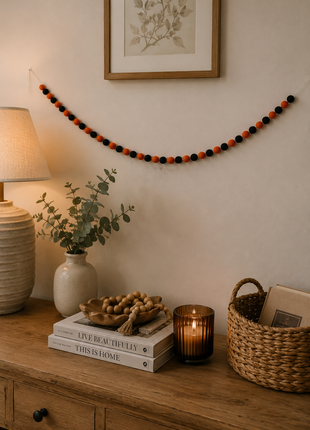 Handmade Wool Felt Halloween Ball Garland – Orange & Black Pom Pom Hanging Banner