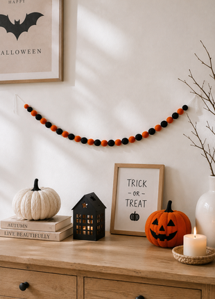 Handmade Wool Felt Halloween Ball Garland – Orange & Black Pom Pom Hanging Banner