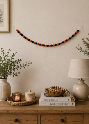 Handmade Wool Felt Halloween Ball Garland – Orange & Black Pom Pom Hanging Banner