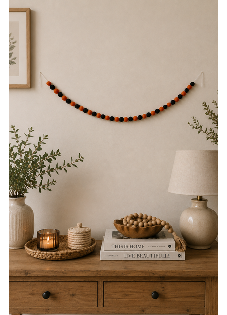 Handmade Wool Felt Halloween Ball Garland – Orange & Black Pom Pom Hanging Banner
