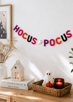 Handmade Wool Felt "Hocus Pocus" Halloween Garland – Spooky Letter Banner with Ghost