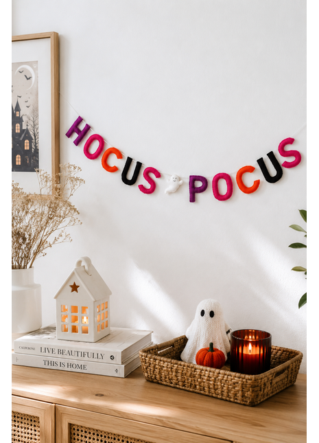 Handmade Wool Felt "Hocus Pocus" Halloween Garland – Spooky Letter Banner with Ghost