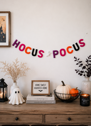 Handmade Wool Felt "Hocus Pocus" Halloween Garland – Spooky Letter Banner with Ghost