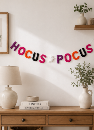 Handmade Wool Felt "Hocus Pocus" Halloween Garland – Spooky Letter Banner with Ghost