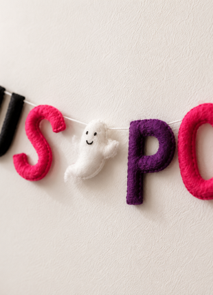 Handmade Wool Felt "Hocus Pocus" Halloween Garland – Spooky Letter Banner with Ghost
