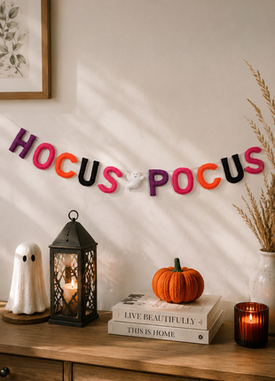 Handmade Wool Felt "Hocus Pocus" Halloween Garland – Spooky Letter Banner with Ghost
