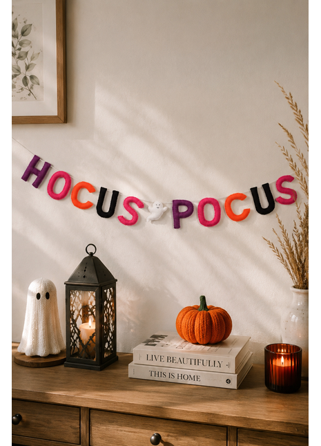 Handmade Wool Felt "Hocus Pocus" Halloween Garland – Spooky Letter Banner with Ghost