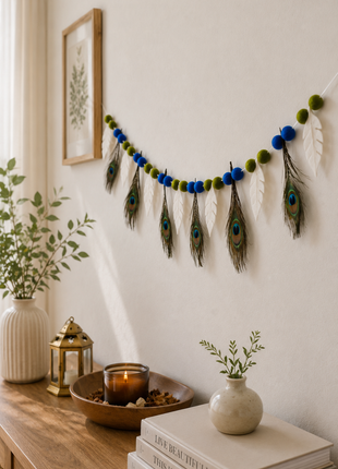 Handmade Wool Felt Peacock Feather Garland – Decorative Hanging | Festive Home & Temple Wall Decor