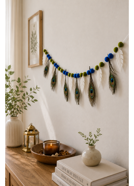 Handmade Wool Felt Peacock Feather Garland – Decorative Hanging | Festive Home & Temple Wall Decor
