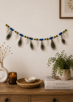 Handmade Wool Felt Peacock Feather Garland – Decorative Hanging | Festive Home & Temple Wall Decor