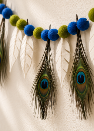 Handmade Wool Felt Peacock Feather Garland – Decorative Hanging | Festive Home & Temple Wall Decor