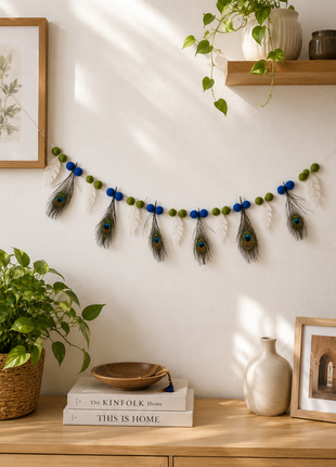 Handmade Wool Felt Peacock Feather Garland – Decorative Hanging | Festive Home & Temple Wall Decor