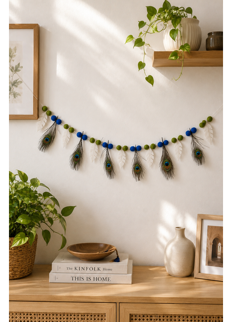 Handmade Wool Felt Peacock Feather Garland – Decorative Hanging | Festive Home & Temple Wall Decor