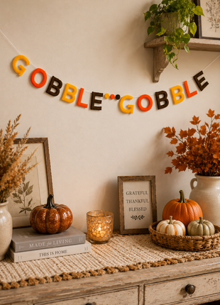 Handmade Wool Felt "Gobble Gobble" Thanksgiving Garland – Fall Harvest Letter Banner | Autumn Home & Party Decor
