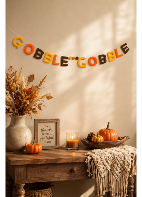Handmade Wool Felt "Gobble Gobble" Thanksgiving Garland – Fall Harvest Letter Banner | Autumn Home & Party Decor