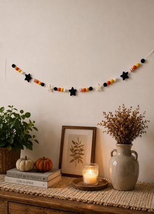 Handmade Wool Felt Halloween Star & Bead Garland – Black, White, Orange & Yellow Hanging Party Decor