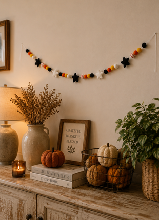 Handmade Wool Felt Halloween Star & Bead Garland – Black, White, Orange & Yellow Hanging Party Decor