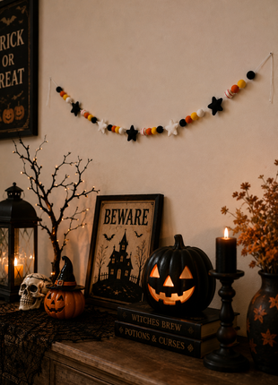 Handmade Wool Felt Halloween Star & Bead Garland – Black, White, Orange & Yellow Hanging Party Decor