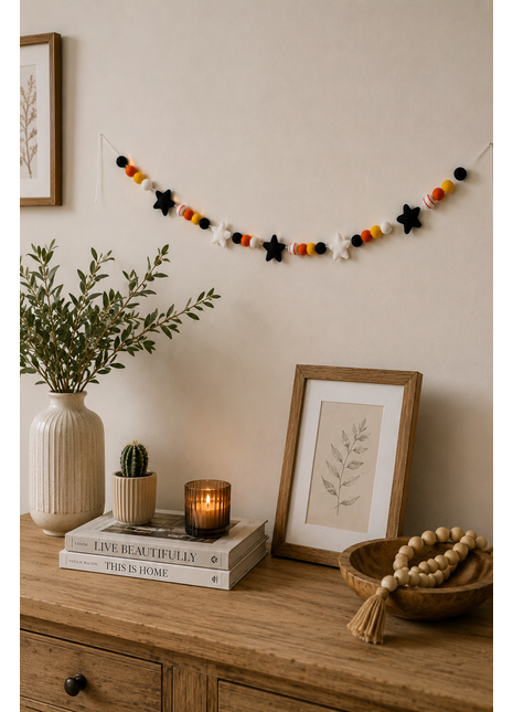 Handmade Wool Felt Halloween Star & Bead Garland – Black, White, Orange & Yellow Hanging Party Decor