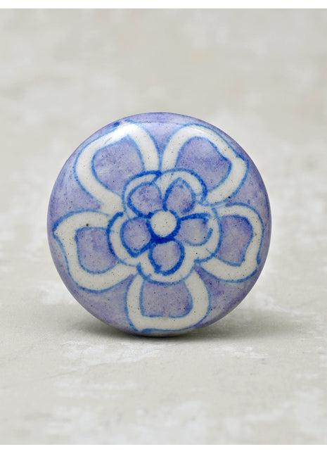 Designer Purple Drawer Blue Pottery Knob With White Flower
