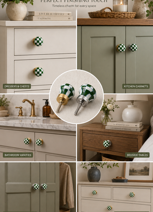 Green and White Checkerboard Ceramic Cabinet Knob