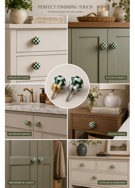 Green and White Checkerboard Ceramic Cabinet Knob