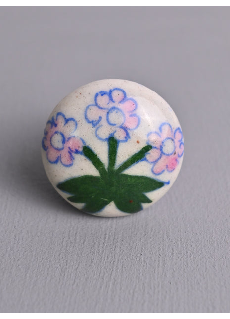 White Ceramic Blue Pottery Drawer Knob with Pink Paisley Flower