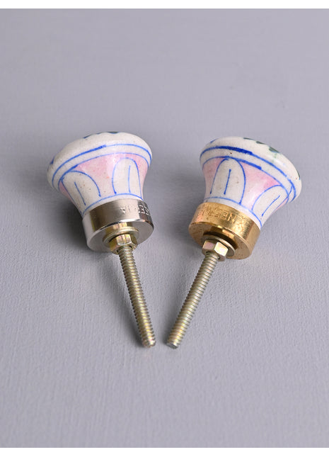 White Ceramic Blue Pottery Drawer Knob with Pink Paisley Flower