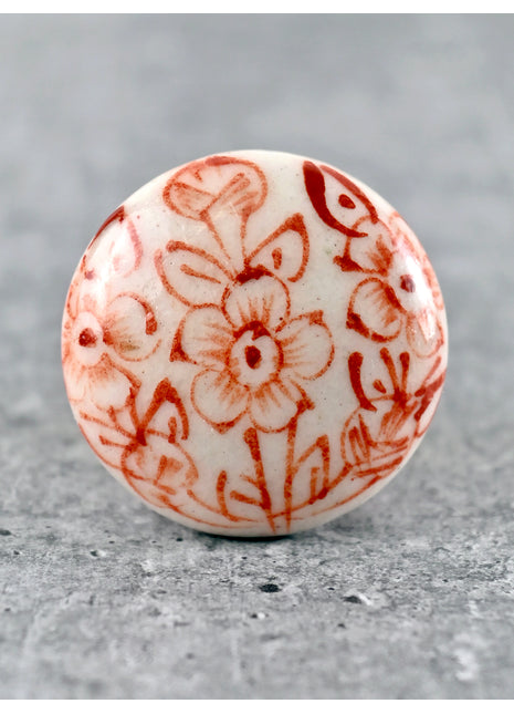 White Ceramic Blue Pottery Dresser Cabinet Knob with Brown Floral Print