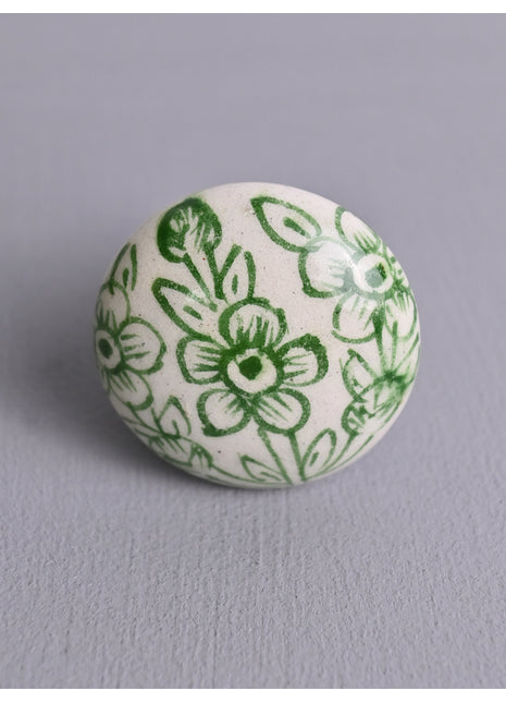 White Ceramic Blue Pottery Drawer Knob With Green Floral Print