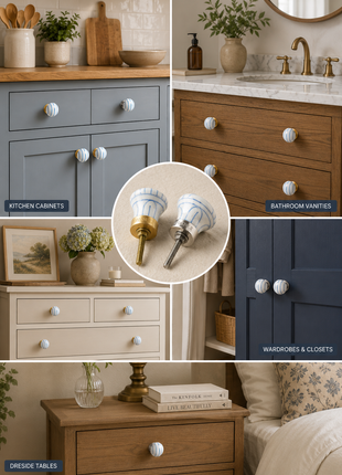 White And Blue Stripes Blue Pottery Kitchen Cabinet Knob