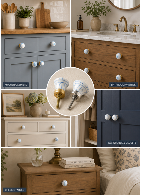 White And Blue Stripes Blue Pottery Kitchen Cabinet Knob