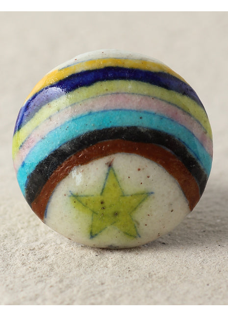 Vintage Multicolor Rainbow With Green Star Ceramic Blue Pottery Knob