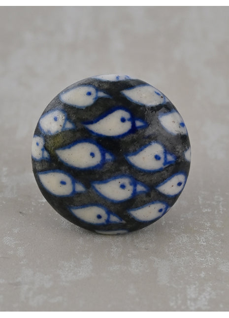 White Bird Design on Black Base Blue Pottery Drawer Knob