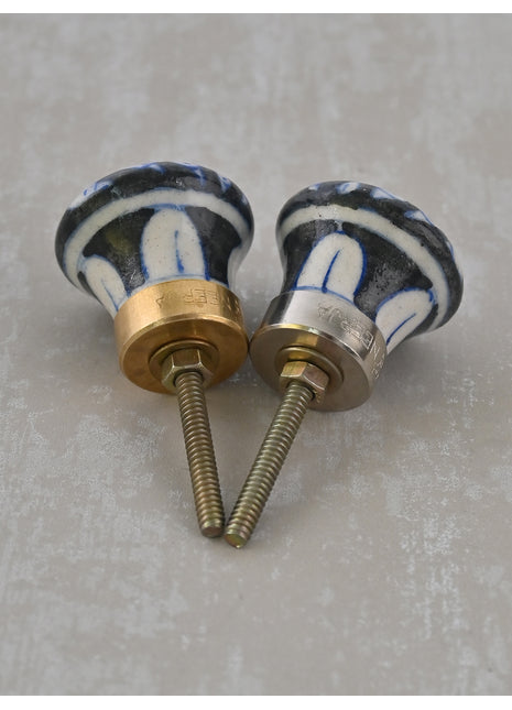 White Bird Design on Black Base Blue Pottery Drawer Knob