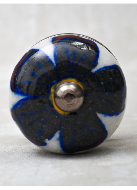 Stylish Black Flower On White Ceramic Bathroom Cabinet Knob
