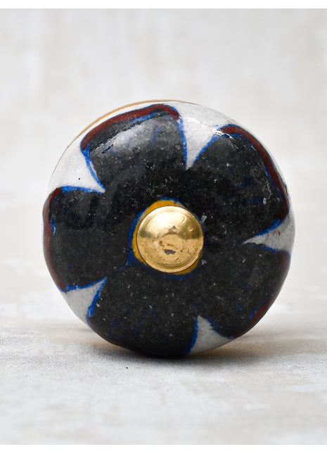 Stylish Black Flower On White Ceramic Bathroom Cabinet Knob