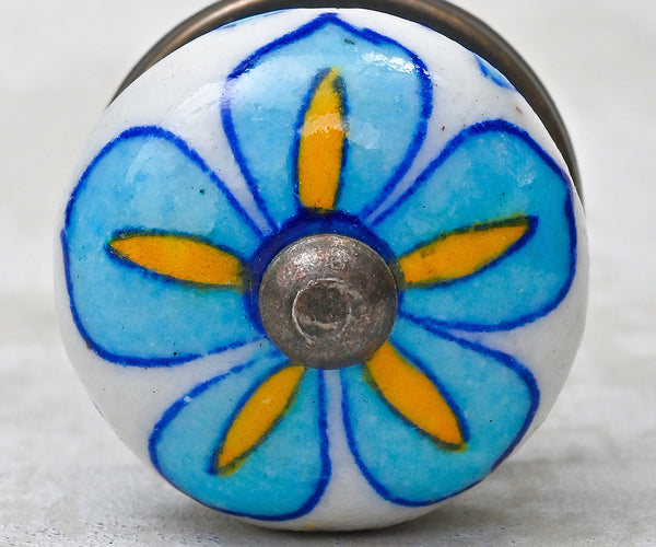 Turquoise Floral Design On White Ceramic Kitchen Cabinet Knob