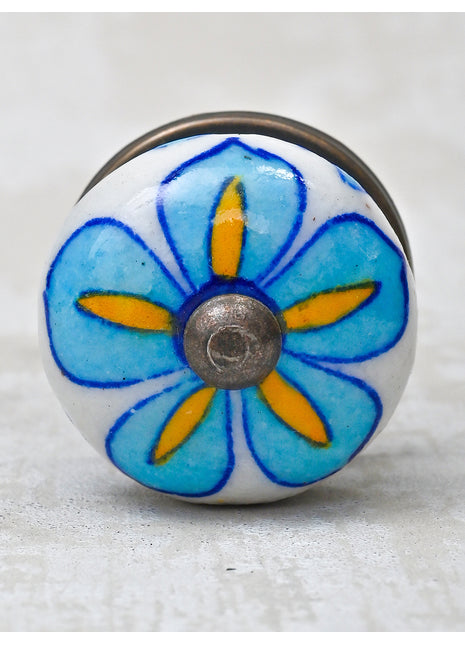 Turquoise Floral Design On White Ceramic Kitchen Cabinet Knob