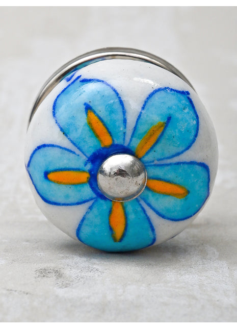 Turquoise Floral Design On White Ceramic Kitchen Cabinet Knob