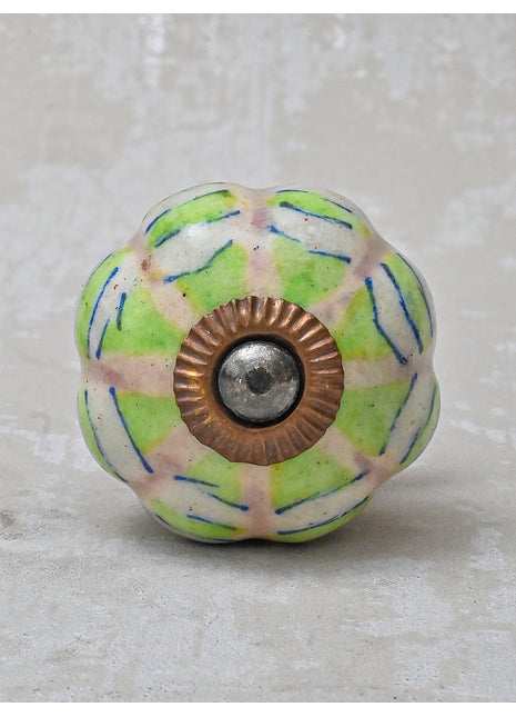 Melon Shaped White Ceramic Bathroom Cabinet Knob With Green Print