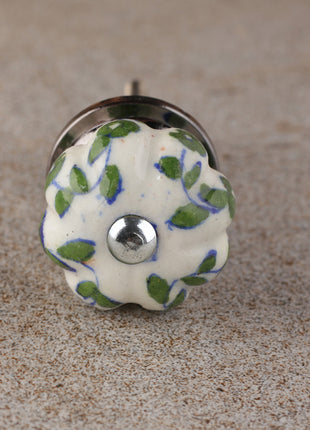 Green Leaf Pattern On White Ceramic Bathroom Cabinet Knob