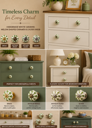 White Ceramic Melon Shaped Dresser Cabinet Knob With Green Design